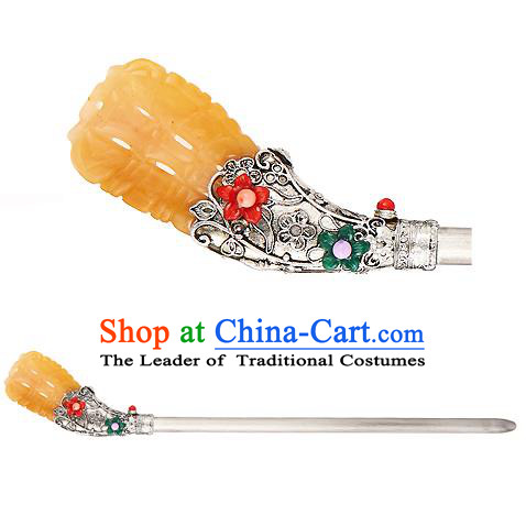 Traditional Korean National Hair Accessories Bride Yellow Colored Glaze Hairpins, Asian Korean Hanbok Fashion Headwear Hair Stick for Women