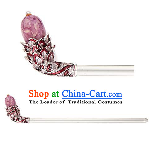 Traditional Korean National Hair Accessories Bride Purple Colored Glaze Hairpins, Asian Korean Hanbok Fashion Headwear Hair Stick for Women