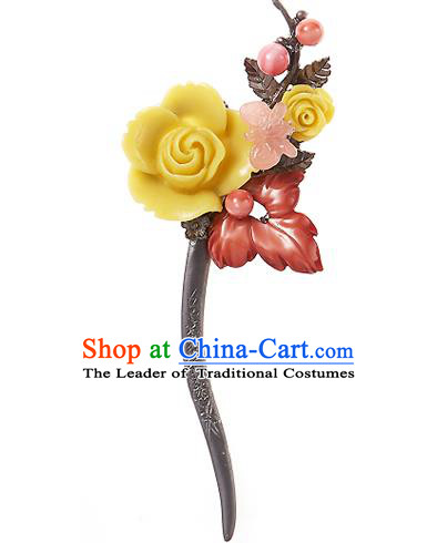 Korean National Wedding Hair Accessories Bride Hairpins Yellow Rose Hair Clip, Korean Hanbok Fashion Palace Hair Clasp for Women