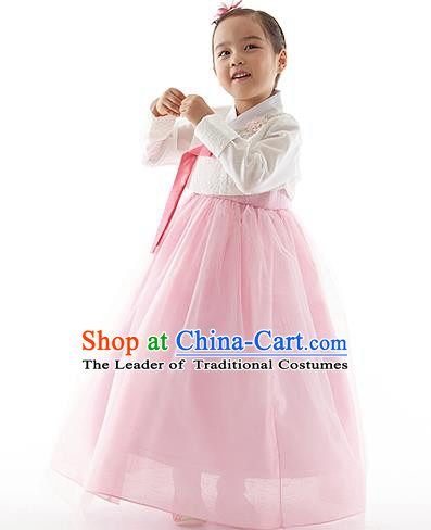 Asian Korean National Handmade Formal Occasions Wedding Clothing White Blouse and Pink Dress Palace Hanbok Costume for Kids