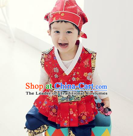 Asian Korean National Traditional Handmade Formal Occasions Boys Embroidery Red Vest Hanbok Costume Complete Set for Kids