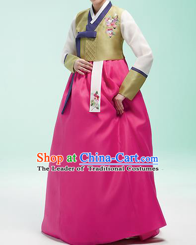 Asian Korean National Handmade Formal Occasions Wedding Bride Clothing Embroidered Grass Green Blouse and Pink Dress Palace Hanbok Costume for Women