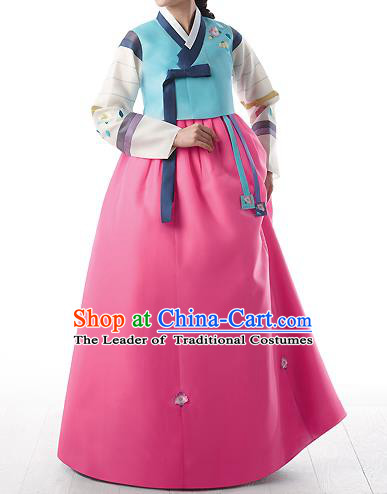 Asian Korean National Handmade Formal Occasions Wedding Bride Clothing Embroidered Blue Blouse and Pink Dress Palace Hanbok Costume for Women