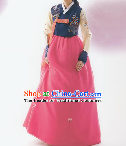 Korean National Handmade Formal Occasions Wedding Bride Clothing Embroidered Blue Blouse and Pink Dress Palace Hanbok Costume for Women