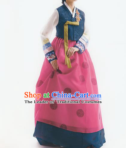 Korean National Handmade Formal Occasions Wedding Bride Clothing Embroidered Blue Blouse and Rosy Dress Palace Hanbok Costume for Women