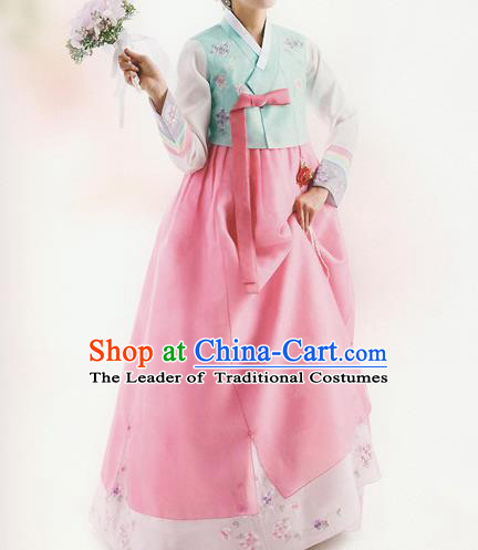 Korean National Handmade Formal Occasions Wedding Bride Clothing Embroidered Green Blouse and Pink Dress Palace Hanbok Costume for Women