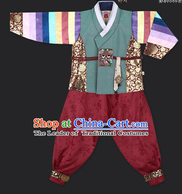 Asian Korean National Traditional Handmade Formal Occasions Boys Embroidery Green Vest Hanbok Costume Complete Set for Kids