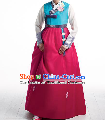 Asian Korean National Handmade Formal Occasions Wedding Bride Clothing Embroidered Blue Blouse and Rosy Dress Palace Hanbok Costume for Women