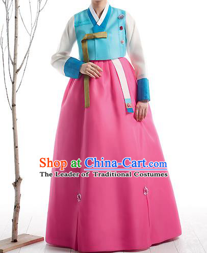 Asian Korean National Handmade Formal Occasions Wedding Bride Clothing Embroidered Blue Blouse and Pink Dress Palace Hanbok Costume for Women