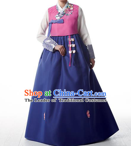 Korean National Handmade Formal Occasions Wedding Bride Clothing Embroidered Pink Blouse and Blue Dress Palace Hanbok Costume for Women