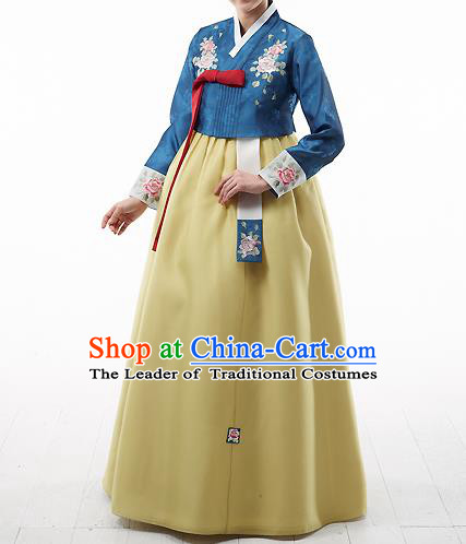 Asian Korean National Handmade Formal Occasions Wedding Bride Clothing Embroidered Blue Blouse and Yellow Dress Palace Hanbok Costume for Women