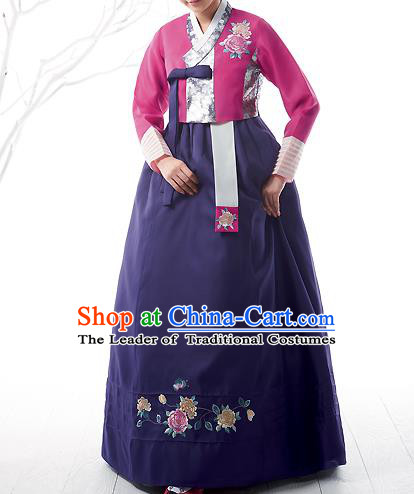 Asian Korean National Handmade Formal Occasions Wedding Bride Clothing Embroidered Pink Blouse and Purple Dress Palace Hanbok Costume for Women