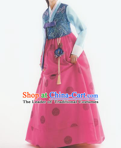 Korean National Handmade Formal Occasions Wedding Bride Clothing Embroidered Blue Blouse and Rosy Dress Palace Hanbok Costume for Women