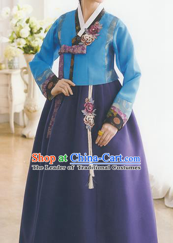 Korean National Handmade Formal Occasions Wedding Bride Clothing Embroidered Blue Blouse and Purple Dress Palace Hanbok Costume for Women