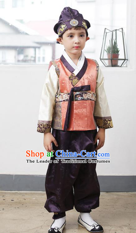 Asian Korean National Traditional Handmade Formal Occasions Boys Embroidery Orange Vest Hanbok Costume Complete Set for Kids