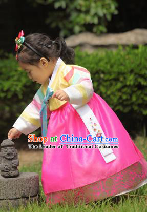 Asian Korean National Handmade Formal Occasions Wedding Bride Clothing Embroidered Yellow Blouse and Pink Dress Palace Hanbok Costume for Kids