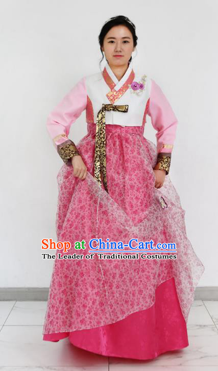 Asian Korean National Handmade Formal Occasions Wedding Bride Clothing Embroidered White Blouse and Pink Dress Palace Hanbok Costume for Women