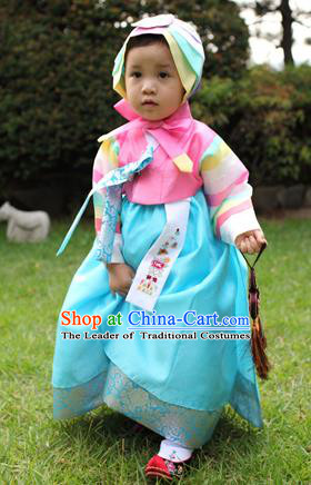 Asian Korean National Handmade Formal Occasions Clothing Embroidered Pink Blouse and Blue Dress Palace Hanbok Costume for Kids