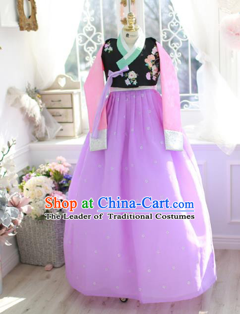 Korean National Handmade Formal Occasions Bride Clothing Hanbok Costume Embroidered Black Blouse and Purple Dress for Women