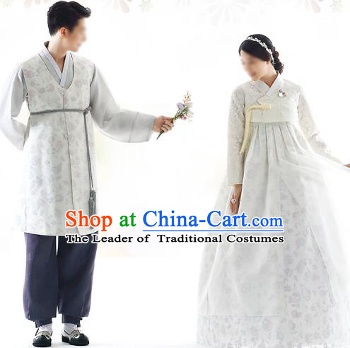 Korean National Handmade Formal Occasions Wedding Bride and Bridegroom Hanbok Embroidered Grey Costume Complete Set