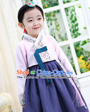 Korean National Handmade Formal Occasions Girls Hanbok Costume Embroidered Pink Blouse and Navy Dress for Kids