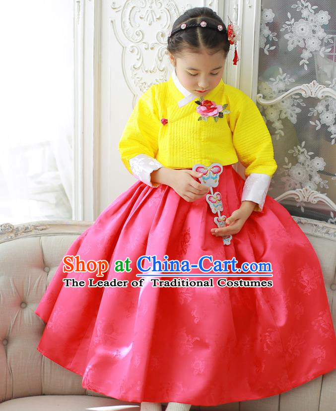 Korean National Handmade Formal Occasions Girls Hanbok Costume Embroidered Yellow Blouse and Red Dress for Kids