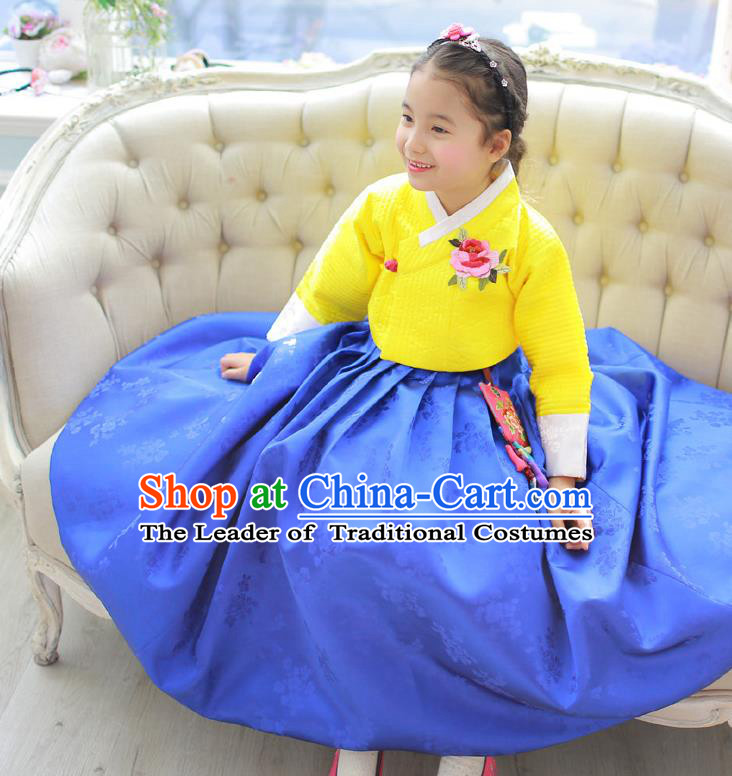 Korean National Handmade Formal Occasions Girls Hanbok Costume Embroidered Yellow Blouse and Blue Dress for Kids