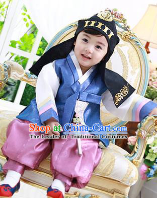 Asian Korean National Traditional Handmade Formal Occasions Boys Embroidery Deep Blue Vest Hanbok Costume Complete Set for Kids