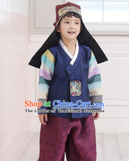 Asian Korean National Traditional Handmade Formal Occasions Boys Embroidery Navy Vest Hanbok Costume Complete Set for Kids