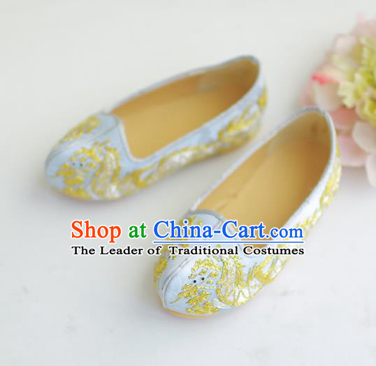 Traditional Korean National Wedding Shoes Light Blue Embroidered Shoes, Asian Korean Hanbok Flat Shoes for Kids