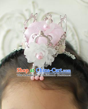 Korean National Hair Accessories Pink Crown Hair Clasp, Asian Korean Hanbok Fashion Bride Headwear for Kids