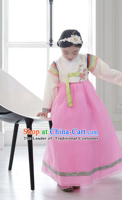 Asian Korean National Handmade Formal Occasions Wedding Girls Clothing Embroidered White Blouse and Pink Dress Palace Hanbok Costume for Kids