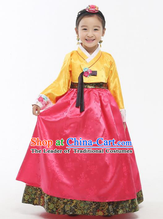 Asian Korean National Handmade Formal Occasions Wedding Girls Clothing Embroidered Yellow Blouse and Pink Dress Palace Hanbok Costume for Kids