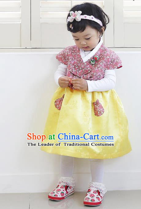 Asian Korean National Handmade Formal Occasions Wedding Girls Clothing Embroidered Pink Blouse and Yellow Dress Palace Hanbok Costume for Kids