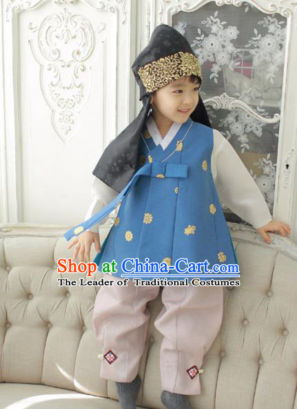 Asian Korean National Traditional Handmade Formal Occasions Boys Embroidery Blue Vest Hanbok Costume Complete Set for Kids