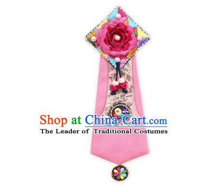 Korean National Hair Accessories Pink Embroidered Hair Ribbon Headband, Asian Korean Hanbok Fashion Bride Headwear for Kids