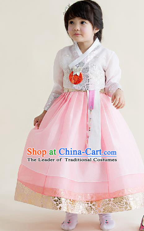 Asian Korean National Handmade Formal Occasions Wedding Girls Clothing Embroidered White Blouse and Pink Dress Palace Hanbok Costume for Kids