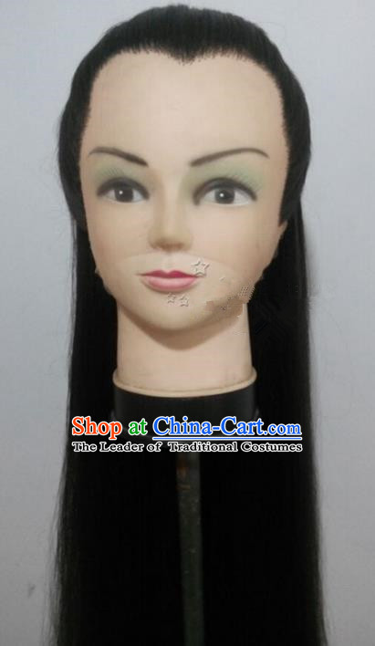 Chinese Ancient Opera Swordsman Black Wig, Traditional Chinese Beijing Opera Young Men Wig Sheath