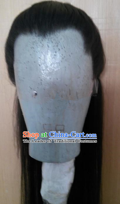 Chinese Ancient Opera Swordsman Young Men Wig, Traditional Chinese Beijing Opera Kawaler Taoist Priest Wig Sheath for Men