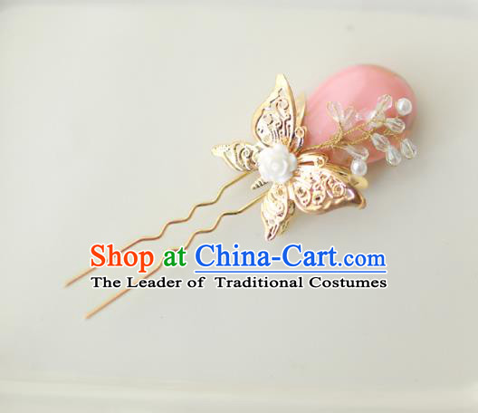 Korean National Hair Accessories Butterfly Pink Hairpins, Asian Korean Hanbok Fashion Bride Wedding Hair Stick Headwear for Women