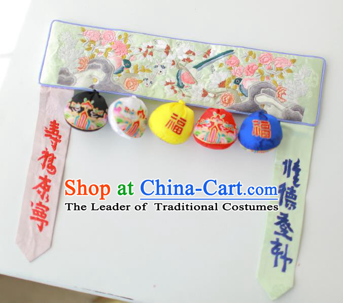 Traditional Korean Accessories Embroidered Birds Flowers Green Waist Belts, Asian Korean Fashion Waistband Decorations for Kids