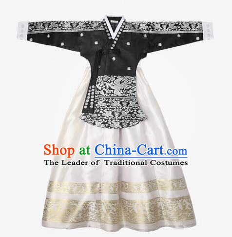 Top Grade Korean National Handmade Wedding Clothing Palace Bride Hanbok Costume Embroidered Black Blouse and White Dress for Women