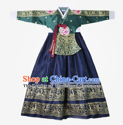 Top Grade Korean National Handmade Wedding Clothing Palace Bride Hanbok Costume Embroidered Green Blouse and Navy Dress for Women