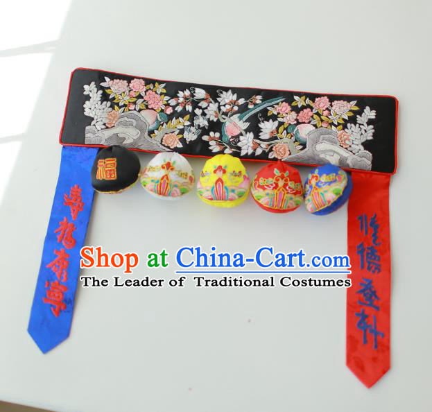 Traditional Korean Accessories Embroidered Birds Flowers Black Waist Belts, Asian Korean Fashion Waistband Decorations for Kids