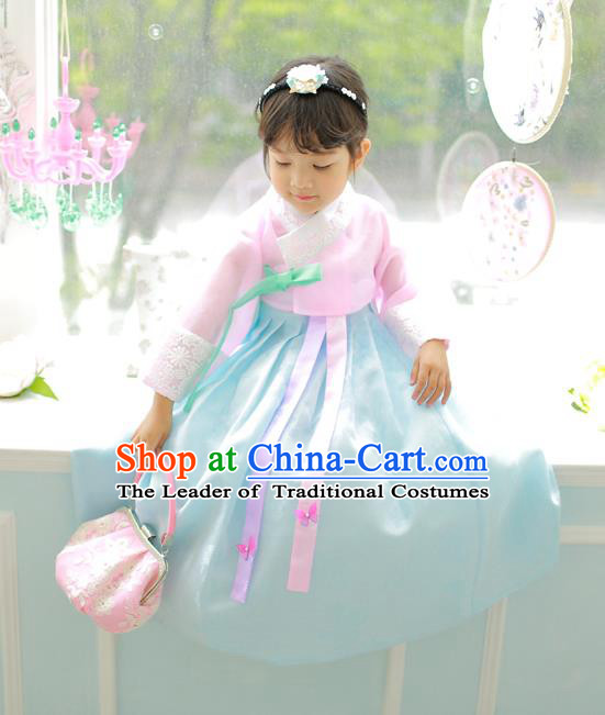 Korean National Handmade Formal Occasions Girls Clothing Palace Hanbok Costume Embroidered Pink Blouse and Blue Dress for Kids