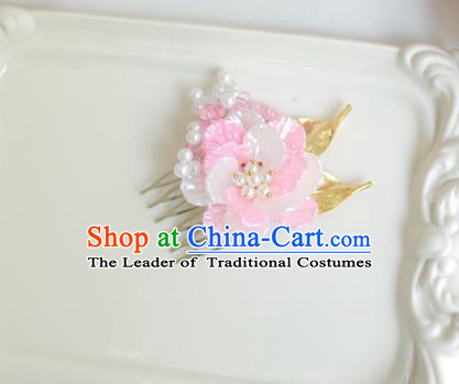 Korean National Hair Accessories Wedding Pink Flower Hair Comb, Asian Korean Hanbok Hair Stick Headwear for Kids