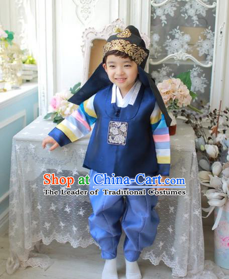 Asian Korean National Traditional Handmade Formal Occasions Boys Embroidery Deep Blue Vest Hanbok Costume Complete Set for Kids