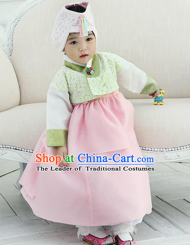 Korean National Handmade Formal Occasions Girls Clothing Palace Hanbok Costume Embroidered Green Lace Blouse and Pink Dress for Kids