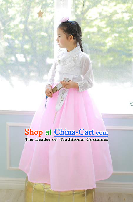 Korean National Handmade Formal Occasions Girls Clothing Palace Hanbok Costume Embroidered White Blouse and Pink Dress for Kids