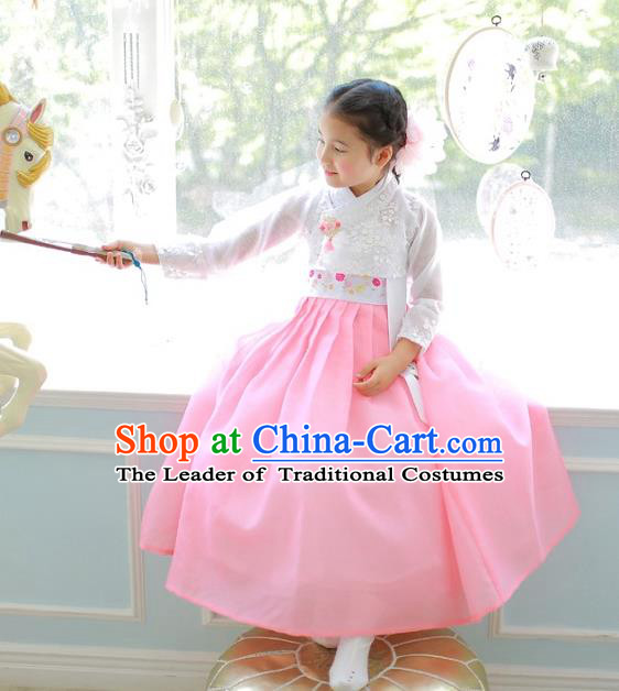 Korean National Handmade Formal Occasions Girls Clothing Palace Hanbok Costume Embroidered White Lace Blouse and Pink Dress for Kids